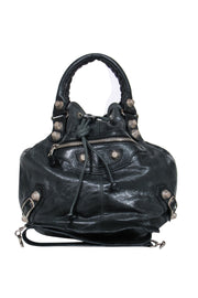Current Boutique-Balenciaga - Black Leather Studded Motorcross Pompon Bucket Bag