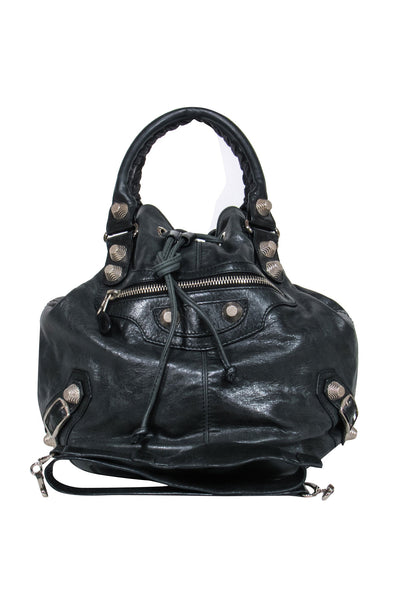 Current Boutique-Balenciaga - Black Leather Studded Motorcross Pompon Bucket Bag