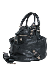 Current Boutique-Balenciaga - Black Leather Studded Motorcross Pompon Bucket Bag