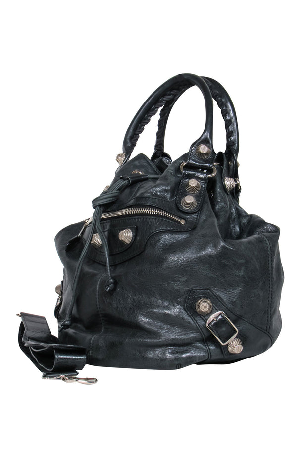 Current Boutique-Balenciaga - Black Leather Studded Motorcross Pompon Bucket Bag