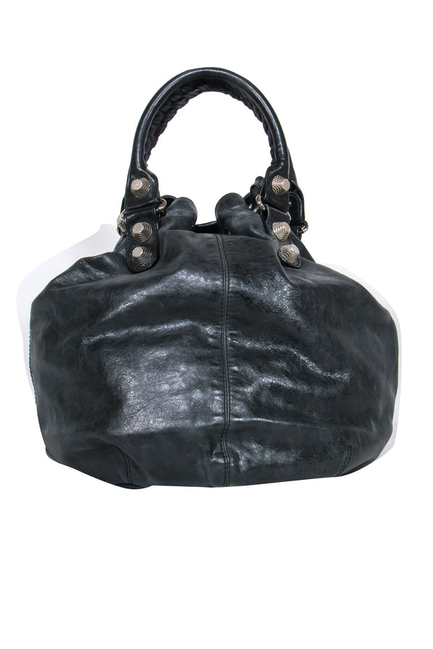 Current Boutique-Balenciaga - Black Leather Studded Motorcross Pompon Bucket Bag