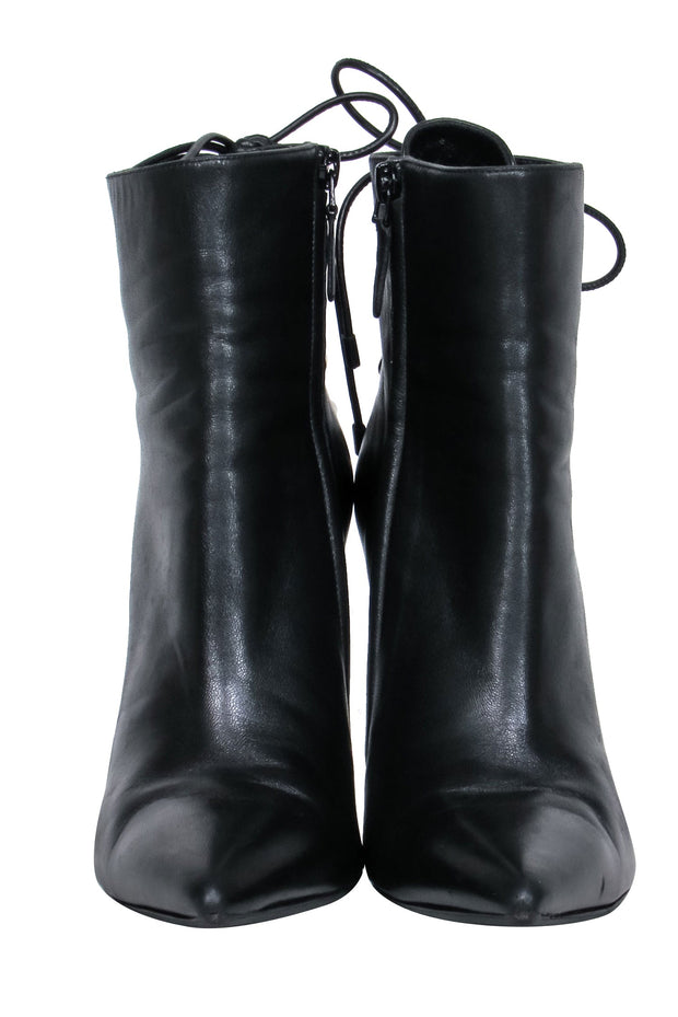 Current Boutique-Balenciaga – Black Leather Pointy Toe Booties w/ Lace Up Back Sz 7.5