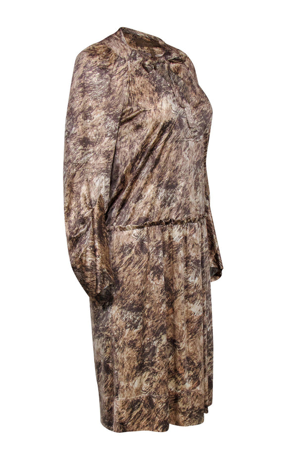 Current Boutique-BCBG Max Azria - Beige Printed Satin Tie-Neck Dress Sz XXS