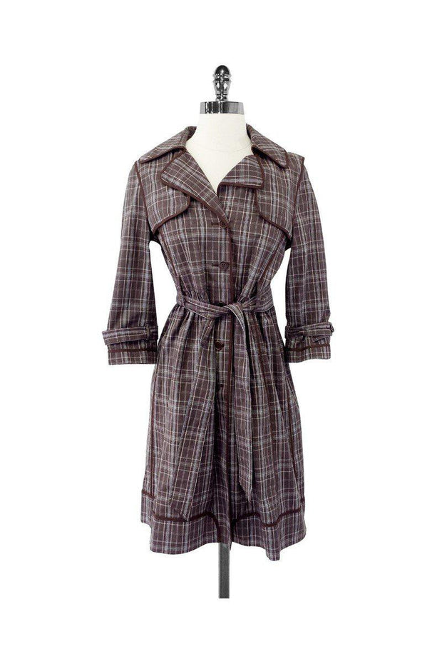 Current Boutique-BCBG Max Azria - Brown & Blue Plaid Cotton Trench Coat Sz S