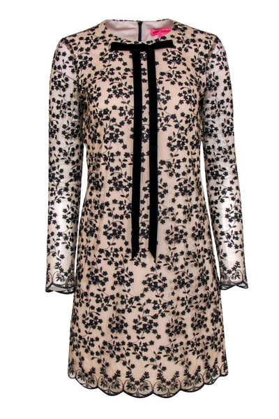 Current Boutique-Betsey Johnson - Beige & Black Floral Embroidered Long Sleeve Shift Dress Sz 6