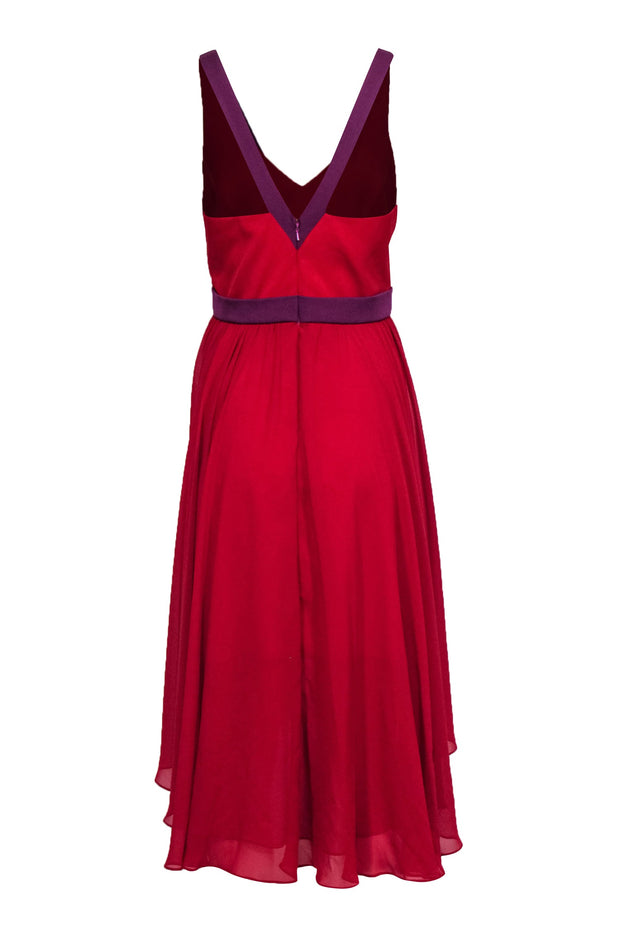 Current Boutique-Black Halo - Red & Purple Contrast Trim High Low Cocktail Dress w/ Fitted Bodice & Flowy Skirt Sz 10