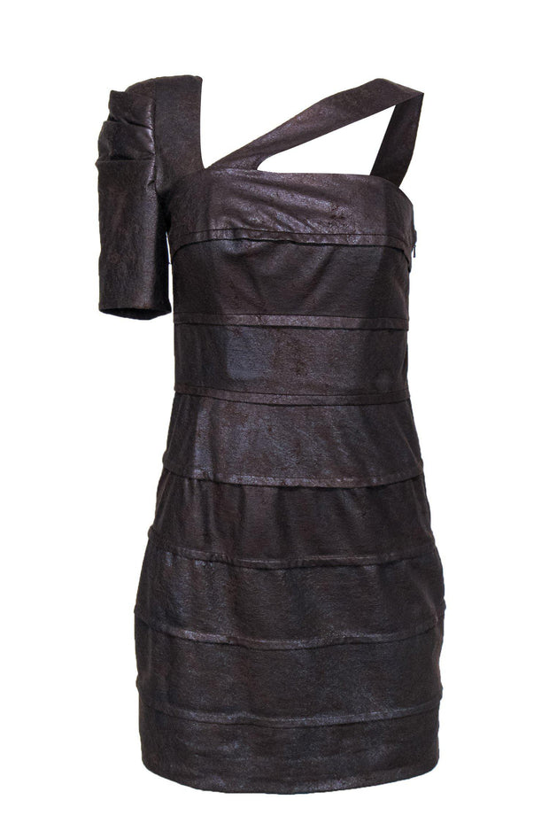 Current Boutique-Black Halo - Brown Crackle One-Shoulder Faux Leather Dress Sz 4
