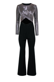 Current Boutique-Black Halo - Silver & Black Sparky Knotted Flared Jumpsuit w/ Cutout Sz 2