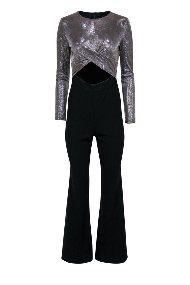 Current Boutique-Black Halo - Silver & Black Sparky Knotted Flared Jumpsuit w/ Cutout Sz 2