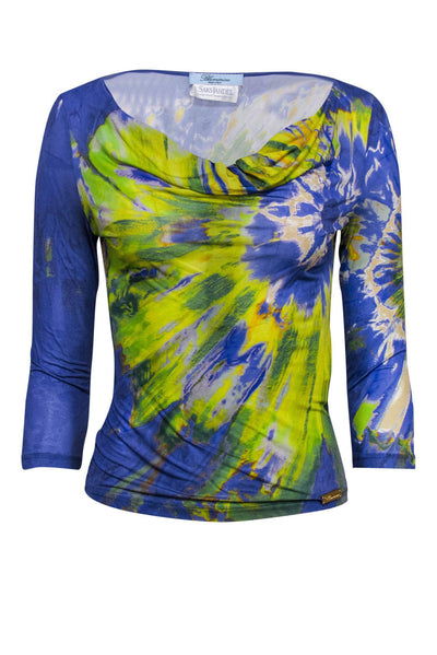 Current Boutique-Blumarine - Purple & Green Marbled Draped Top Sz S