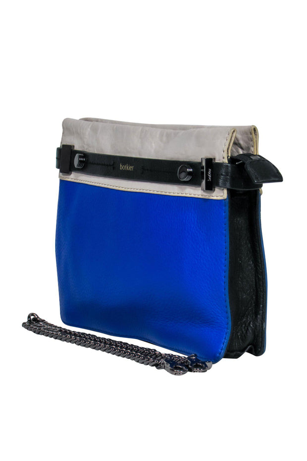 Current Boutique-Botkier - Blue, Black & Cream Colorblocked Pebbled Leather Handbag w/ Chain Strap