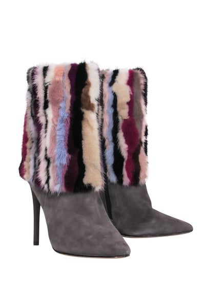 Current Boutique-Brian Atwood - Grey Suede Pointed Toe Boots w/ Multicolored Fur Sz 7.5
