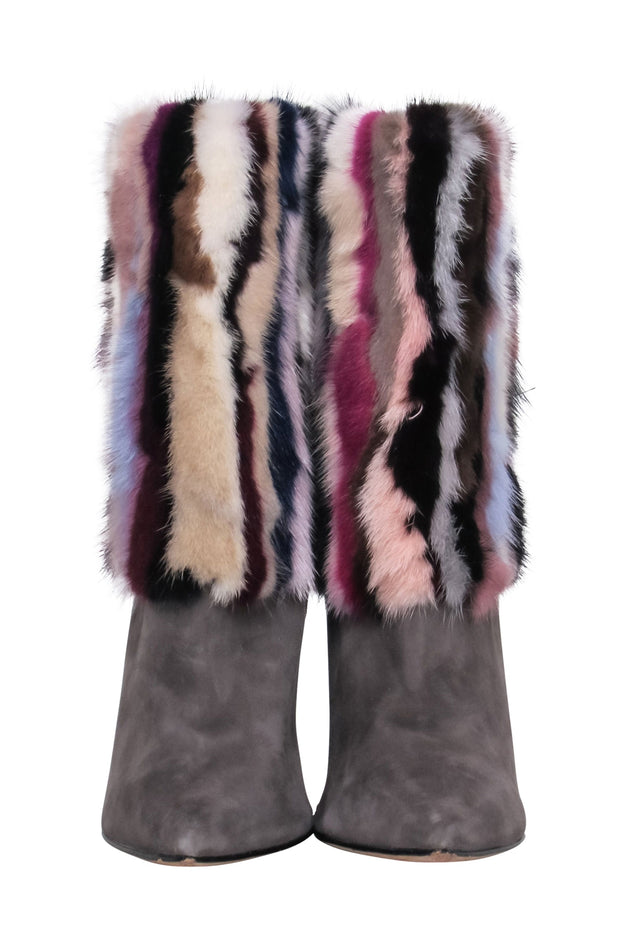 Current Boutique-Brian Atwood - Grey Suede Pointed Toe Boots w/ Multicolored Fur Sz 7.5