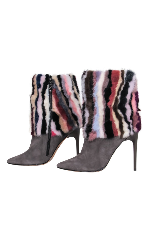 Current Boutique-Brian Atwood - Grey Suede Pointed Toe Boots w/ Multicolored Fur Sz 7.5