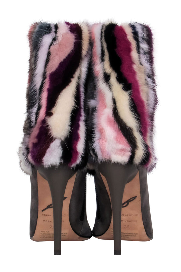 Current Boutique-Brian Atwood - Grey Suede Pointed Toe Boots w/ Multicolored Fur Sz 7.5