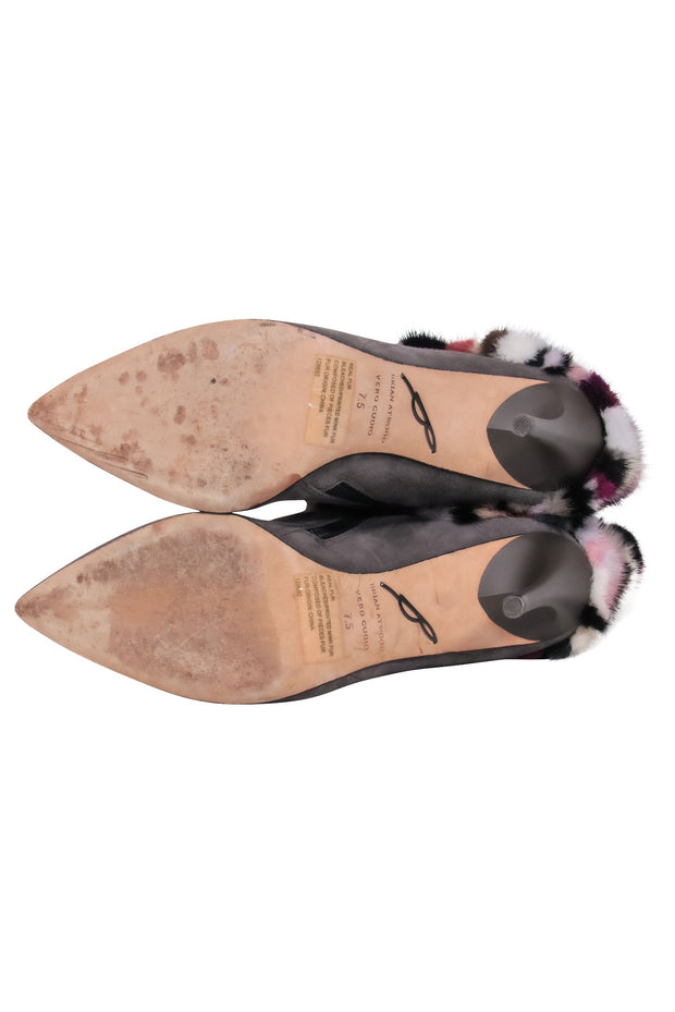 Current Boutique-Brian Atwood - Grey Suede Pointed Toe Boots w/ Multicolored Fur Sz 7.5
