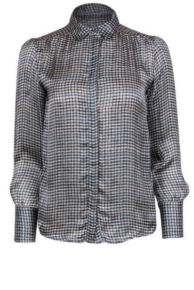 Current Boutique-Brora - Teal, Beige & Brown Plaid Button-Up Silk Blouse Sz 6