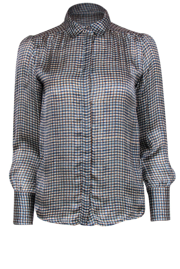 Current Boutique-Brora - Teal, Beige & Brown Plaid Button-Up Silk Blouse Sz 6