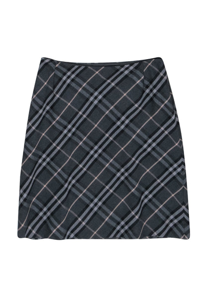 Current Boutique-Burberry - Grey & Black Plaid Wool Midi Skirt Sz 6