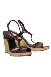 Current Boutique-Burberry - Brown Eyelet Leather & Tartan Print T-Strap Woven Wedges Sz 11
