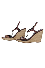 Current Boutique-Burberry - Brown Eyelet Leather & Tartan Print T-Strap Woven Wedges Sz 11