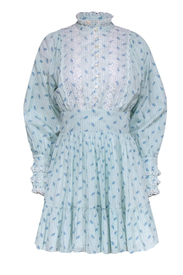 Current Boutique-byTimo - Blue Floral Long Sleeve w/ Eyelet Lace Detail Dress Sz XS
