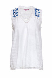 Current Boutique-Calypso - White Cotton Tank w/ Crochet & Blue Embroidery Sz XS