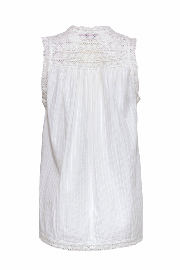 Current Boutique-Calypso - White Cotton Tank w/ Crochet & Blue Embroidery Sz XS