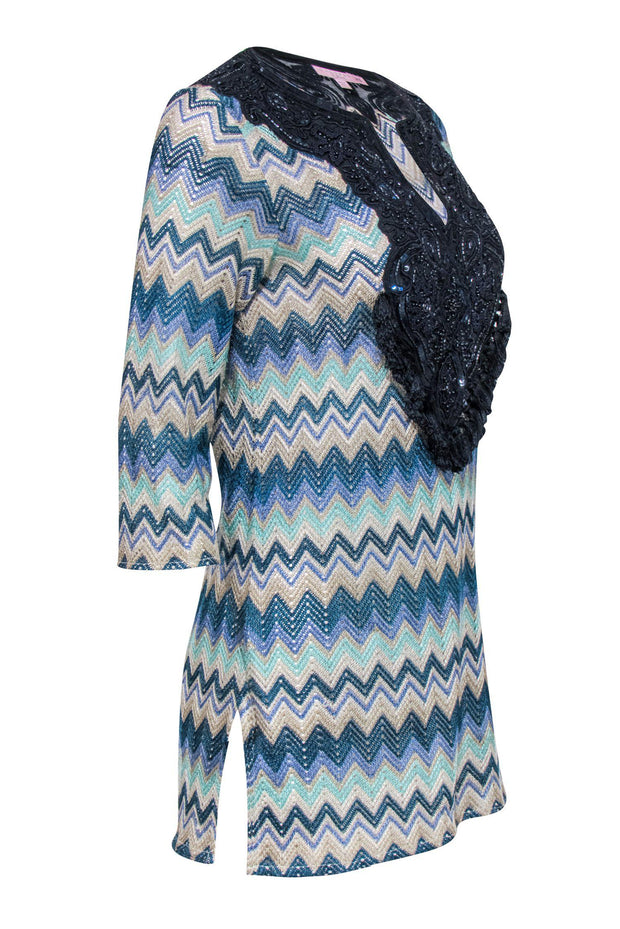 Current Boutique-Calypso - Blue Zigzag Crochet Dress w/ Beading Sz XS