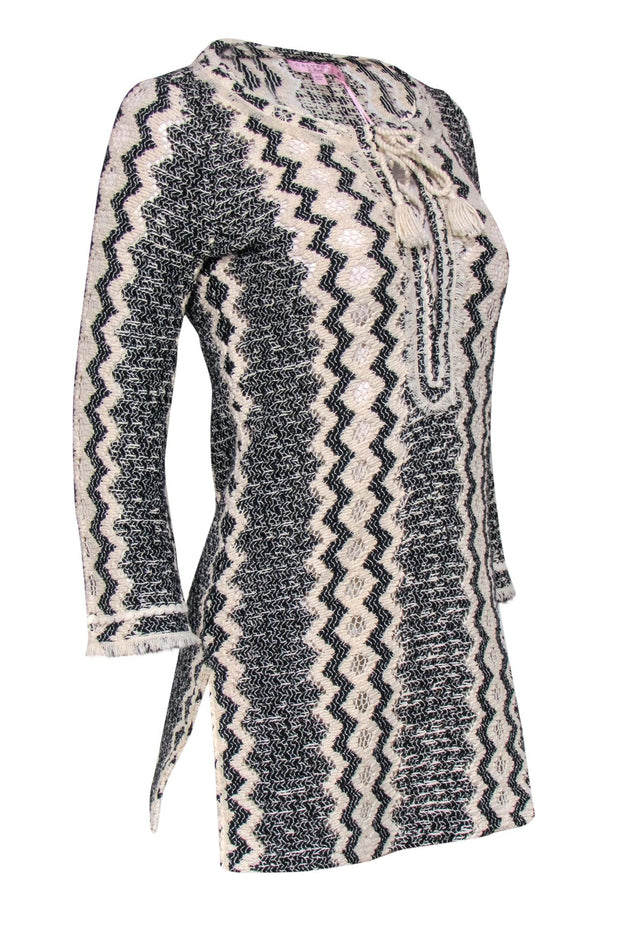 Current Boutique-Calypso - Beige & Black Knit Lace-Up Long Sleeve "Romilly" Tunic Sz S