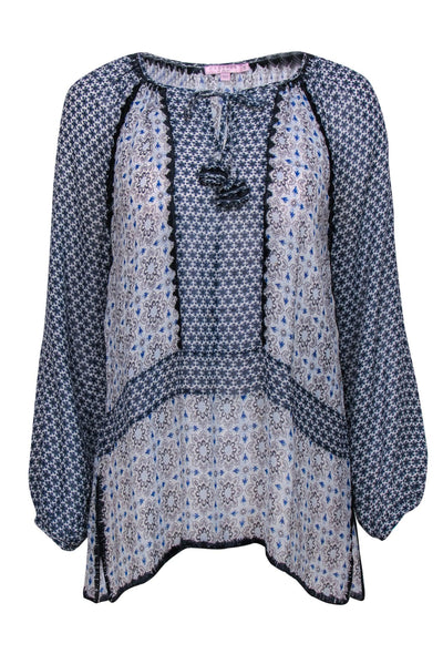 Current Boutique-Calypso - Blue Patterned Silk Tunic-Style Blouse w/ Embroidery Sz S