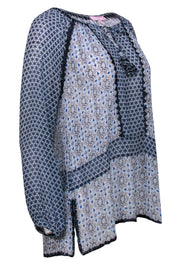 Current Boutique-Calypso - Blue Patterned Silk Tunic-Style Blouse w/ Embroidery Sz S