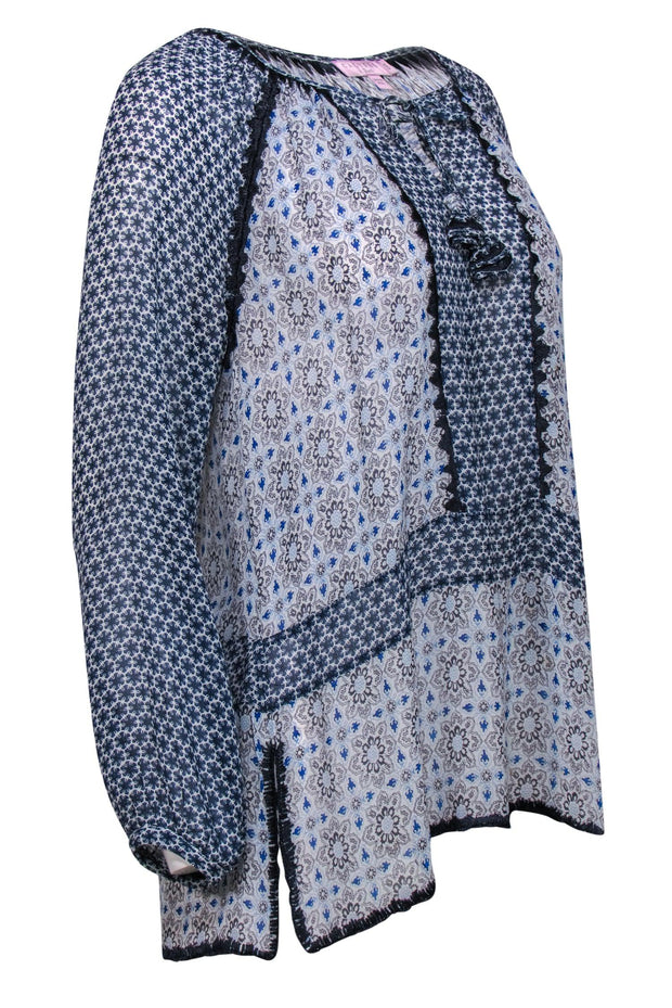 Current Boutique-Calypso - Blue Patterned Silk Tunic-Style Blouse w/ Embroidery Sz S