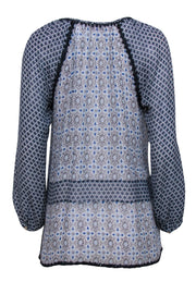 Current Boutique-Calypso - Blue Patterned Silk Tunic-Style Blouse w/ Embroidery Sz S