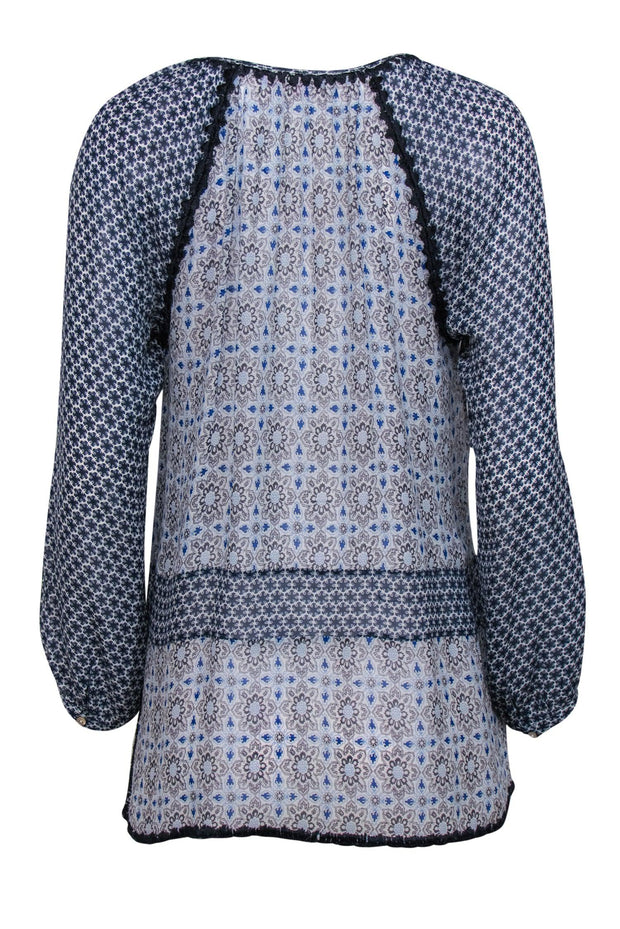 Current Boutique-Calypso - Blue Patterned Silk Tunic-Style Blouse w/ Embroidery Sz S