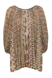 Current Boutique-Calypso - Tan, Yellow & Purple Paisley Cotton Balloon Sleeve Tunic Top Sz S