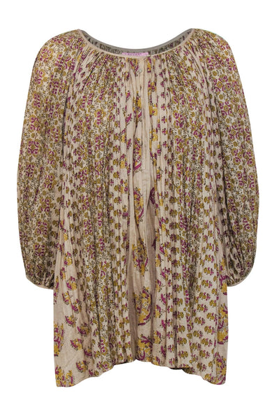 Current Boutique-Calypso - Tan, Yellow & Purple Paisley Cotton Balloon Sleeve Tunic Top Sz S