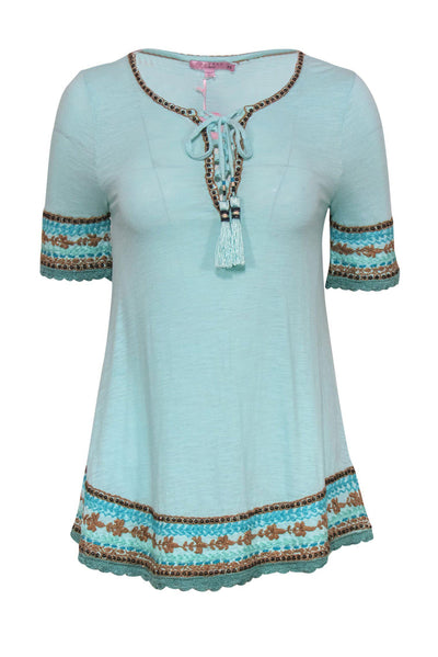 Current Boutique-Calypso - Cyan Blue Cotton Embroidered Tee w/ Tie Neck Sz XS