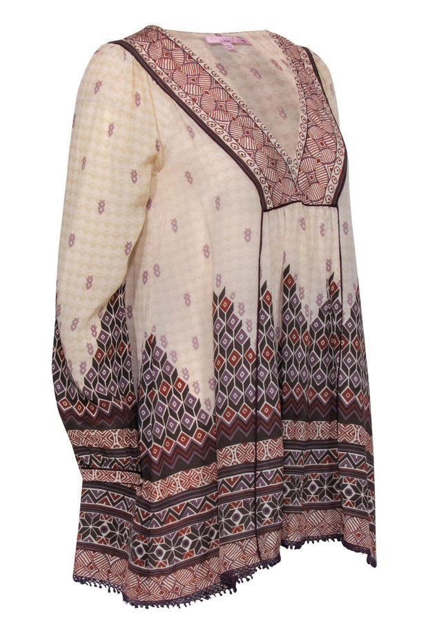 Current Boutique-Calypso - Cream Printed Silk Butterfly Sleeve Peasant Top Sz XS