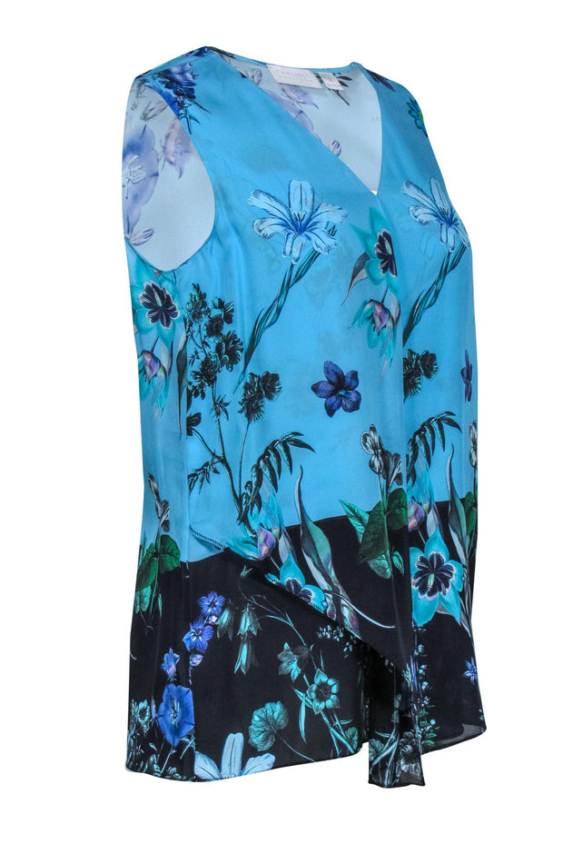 Current Boutique-Carlisle - Blue Floral Print Silk V-Neck Tank Top Sz 2