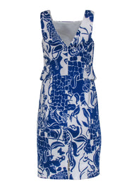 Current Boutique-Carlisle - White & Blue Floral Print Sleeveless Sheath Dress w/ Peplum Sz 2