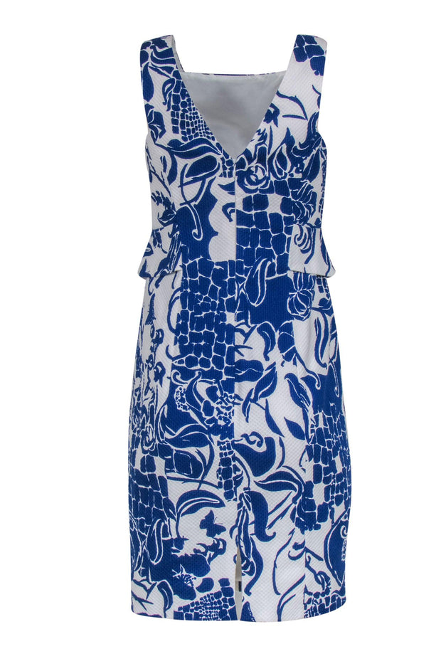 Current Boutique-Carlisle - White & Blue Floral Print Sleeveless Sheath Dress w/ Peplum Sz 2