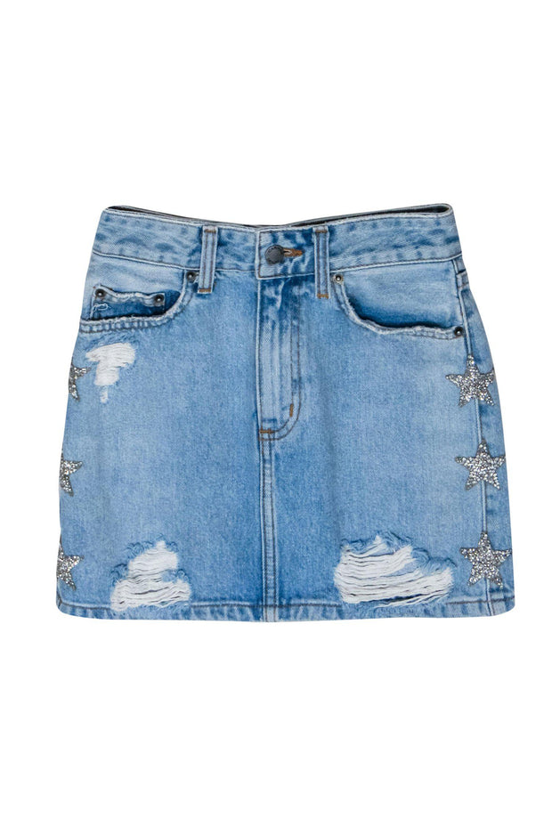 Current Boutique-Carmar - Light Wash Distressed Miniskirt w/ Star Embellishments Sz 23