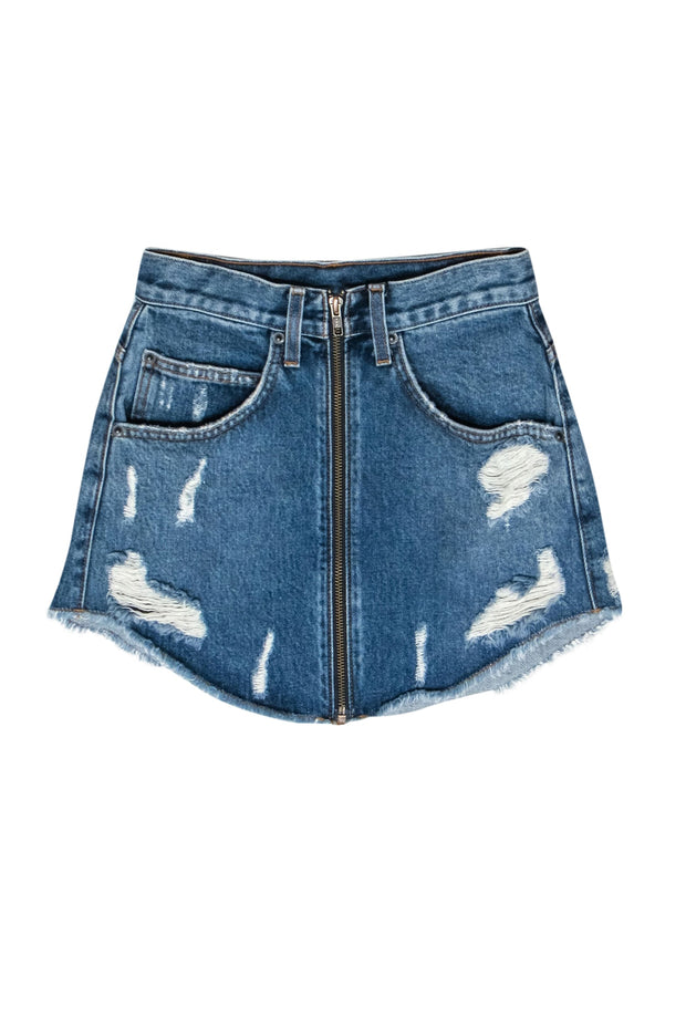 Current Boutique-Carmar - Medium Wash Distressed Zip-Up Denim "Beatrice" Miniskirt Sz 24