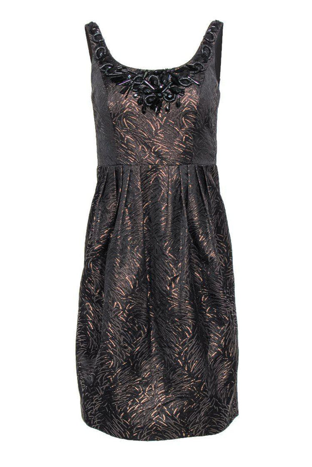 Current Boutique-Carmen Marc Valvo - Brown & Bronze Metallic Shift Dress w/ Jeweled Neckline Sz 2