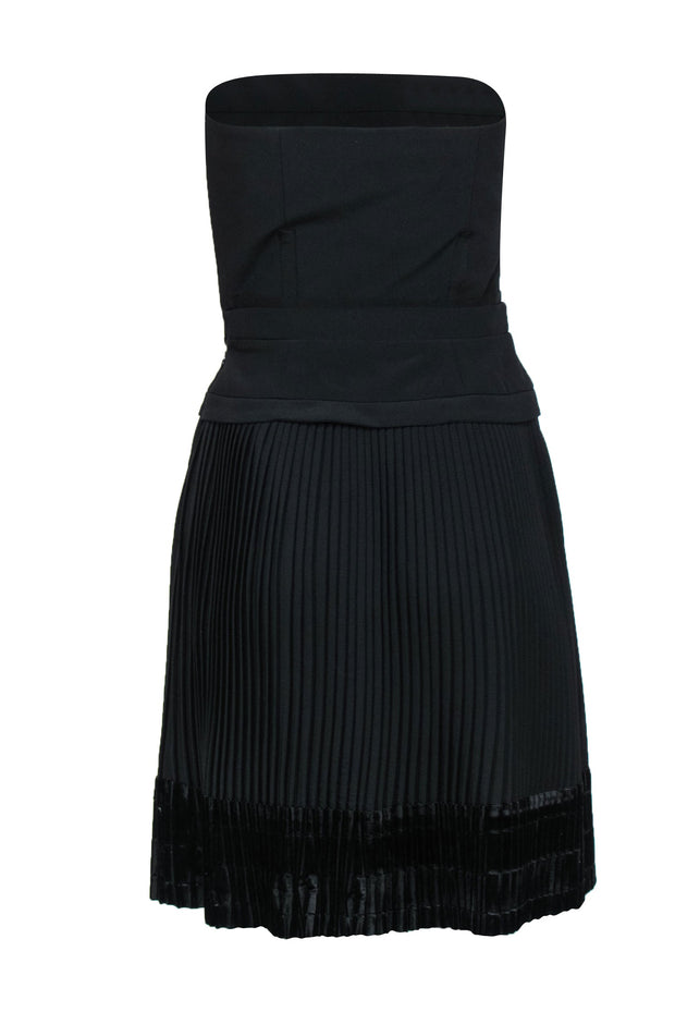 Current Boutique-Carven - Black Strapless Sheath Dress w/ Pleated Skirt & Velvet Trim Sz 4