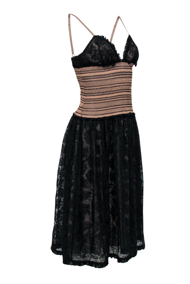Current Boutique-Catherine Malandrino - Black & Nude Lace Fit & Flare Dress w/ Smocked Waist Sz 6