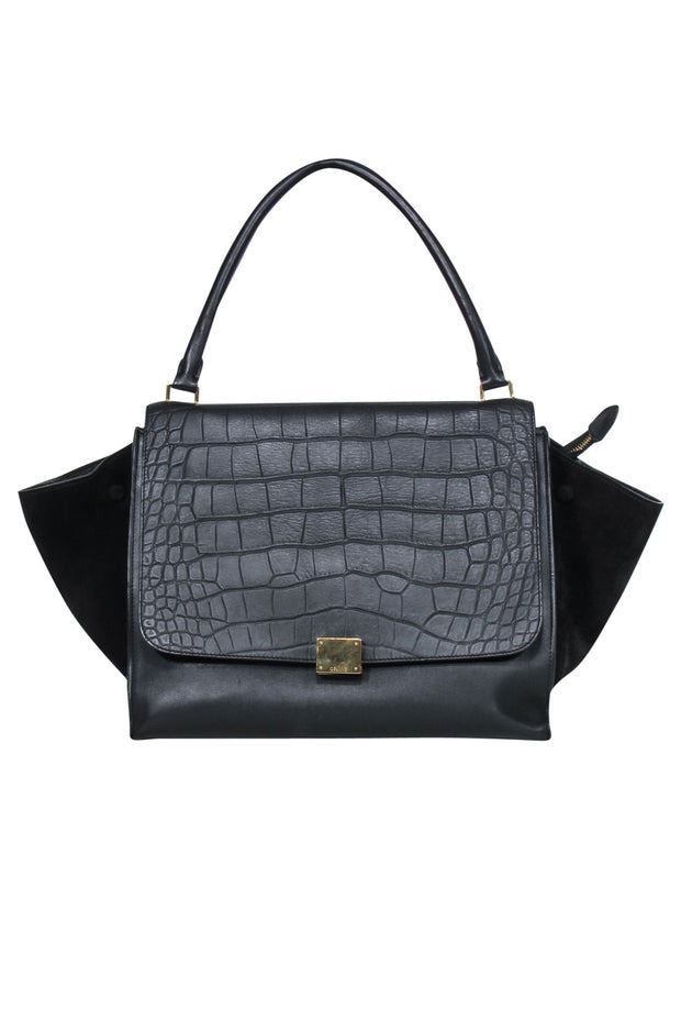 Current Boutique-Celine - Black Leather Reptile Embossed Fold-Over Handbag