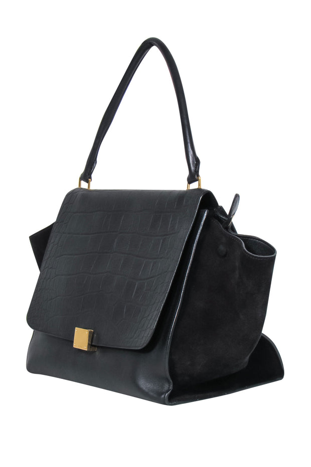 Current Boutique-Celine - Black Leather Reptile Embossed Fold-Over Handbag