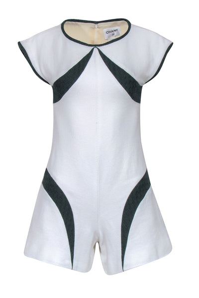 Current Boutique-Chanel - Off White Tweed Romper w/ Hunter Green Inset Sz 2